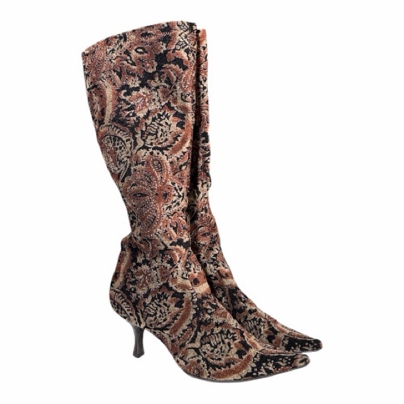 Bronx 9.1/2M Vintage Boho Tapestry Knee High Boots Pointed Toe Kitten Heel - Picture 1 of 11